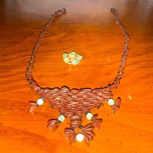 Beaded Brown Necklace with Brown Black Green and White Beads with Matching Ring